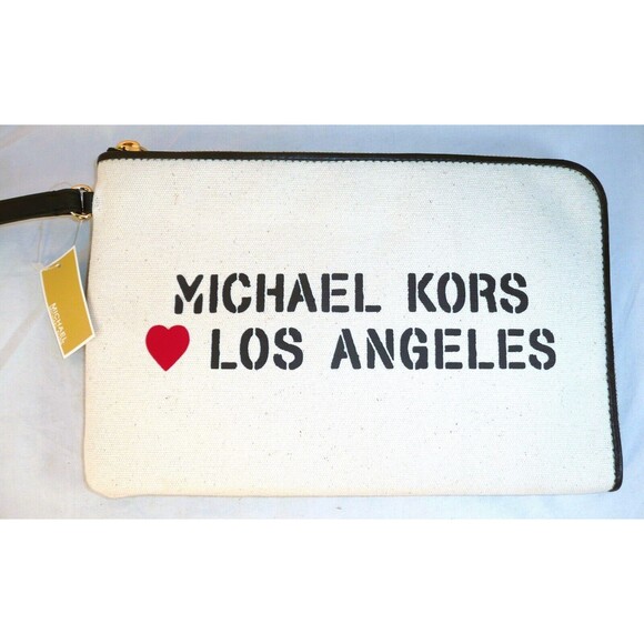 Michael Kors Pouch Love Los Angeles Natural Canvas Wristlet Purse Bag Clutch New - Picture 2 of 9